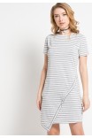 Elis Striped Knit Asymmetrical Dress in Grey-White Elis Striped Knit Asymmetrical Dress in Grey-White