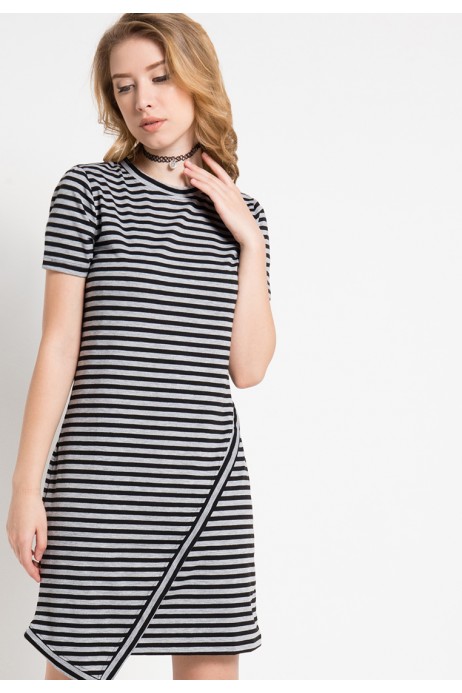 Elis Striped Knit Asymmetrical Dress in Black-Grey Elis Striped Knit Asymmetrical Dress in Black-Grey