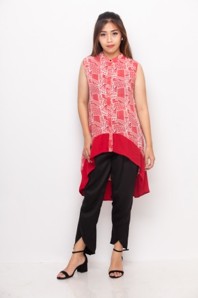 Esme Assymetrical Long Top Red Print
